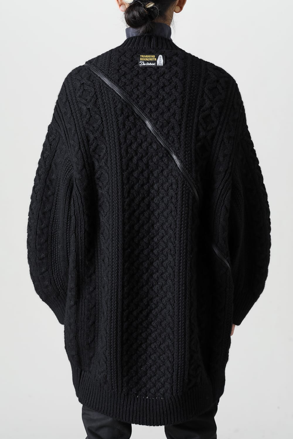 double zip balloon shaped aran pattern cardigan Black