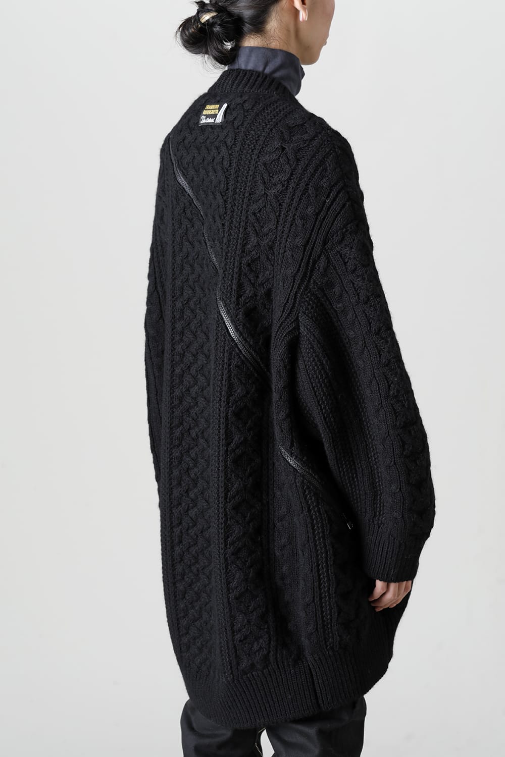 double zip balloon shaped aran pattern cardigan Black