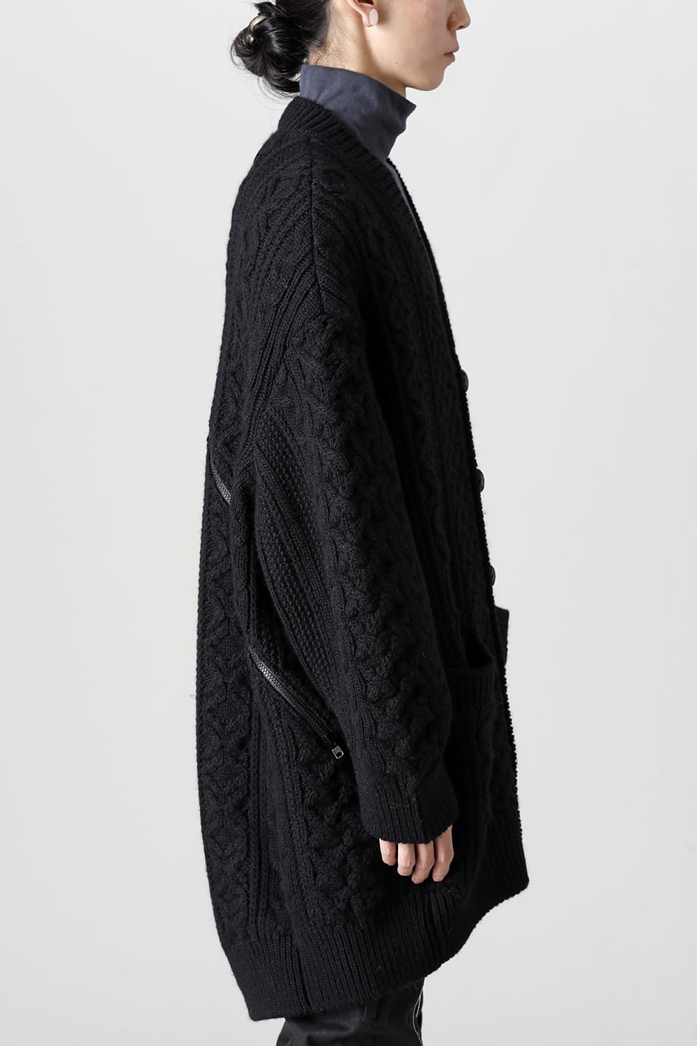 double zip balloon shaped aran pattern cardigan Black