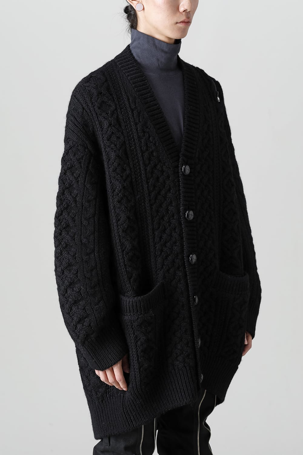 double zip balloon shaped aran pattern cardigan Black