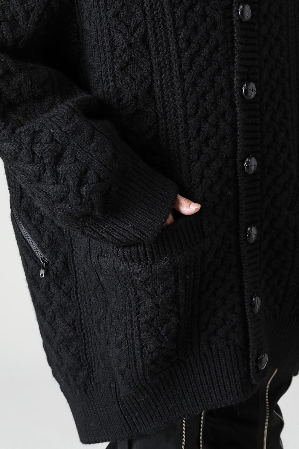 double zip balloon shaped aran pattern cardigan Black