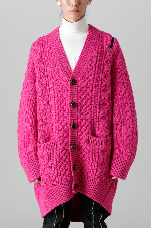 double zip balloon shaped aran pattern cardigan Pink