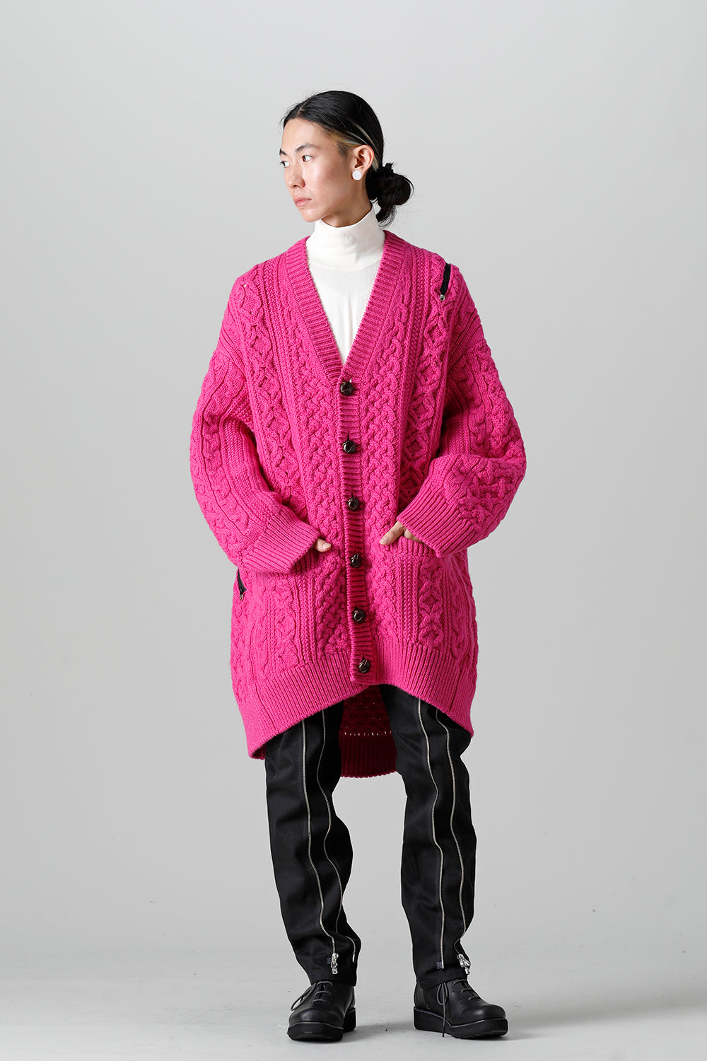 double zip balloon shaped aran pattern cardigan Pink