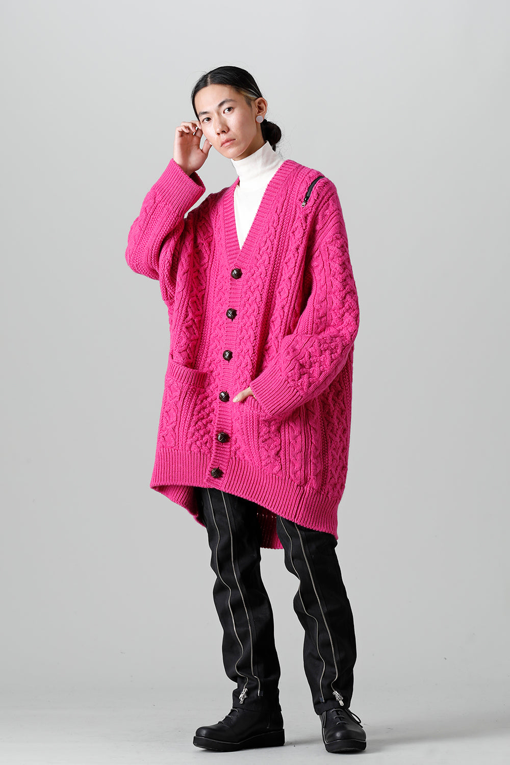 double zip balloon shaped aran pattern cardigan Pink