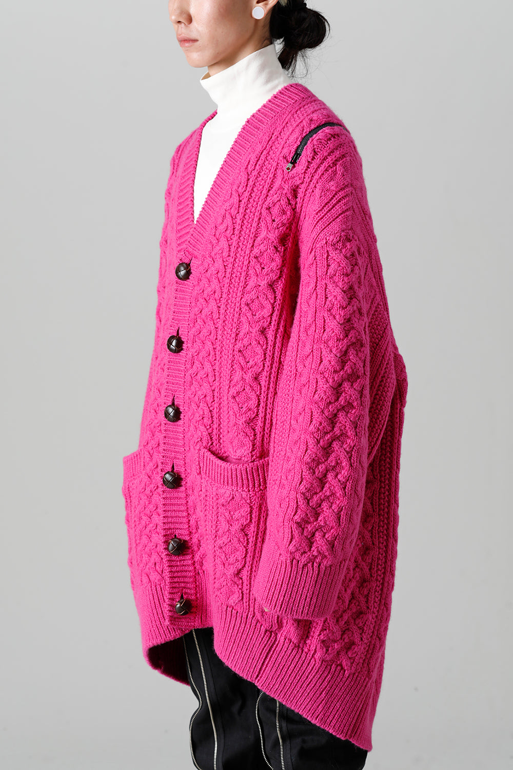 double zip balloon shaped aran pattern cardigan Pink