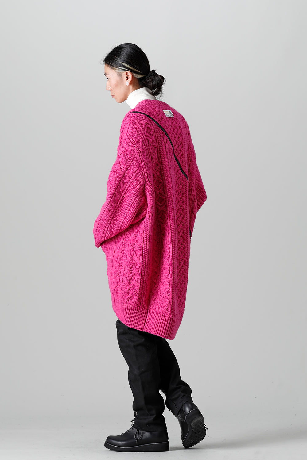double zip balloon shaped aran pattern cardigan Pink