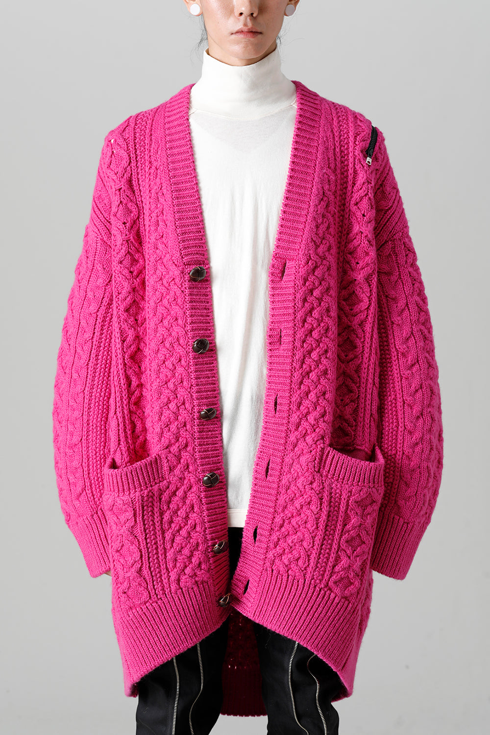 double zip balloon shaped aran pattern cardigan Pink
