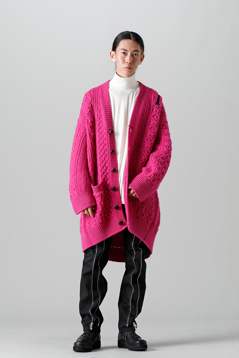 double zip balloon shaped aran pattern cardigan Pink