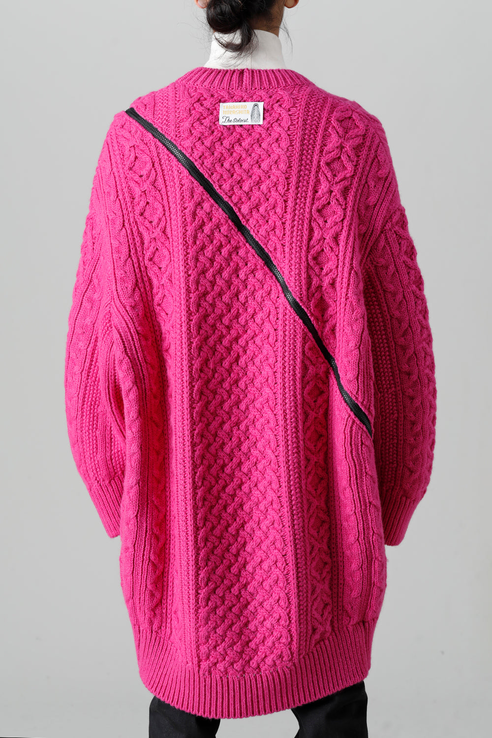 double zip balloon shaped aran pattern cardigan Pink
