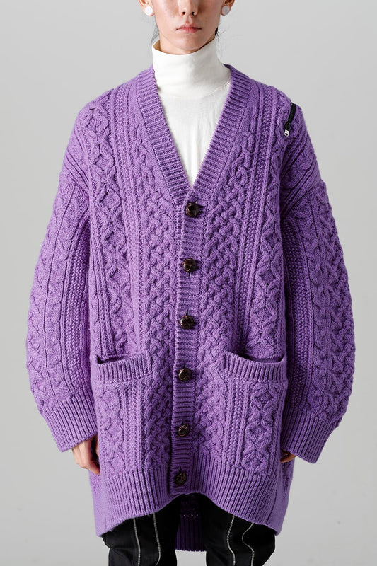 double zip balloon shaped aran pattern cardigan Purple