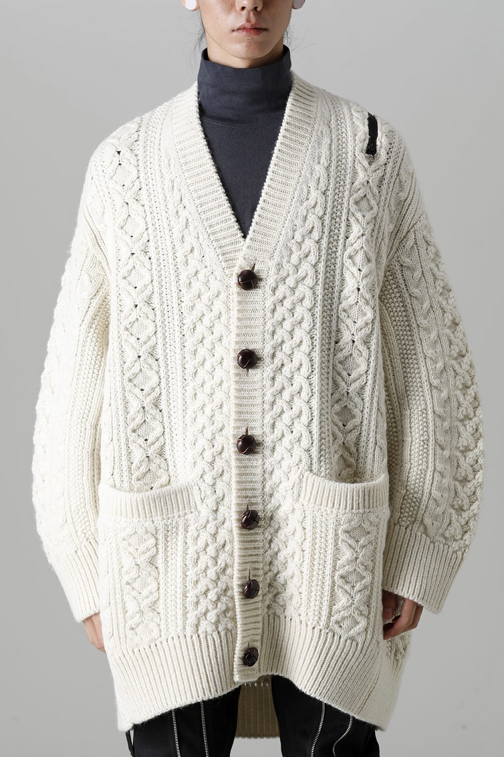 double zip balloon shaped aran pattern cardigan White