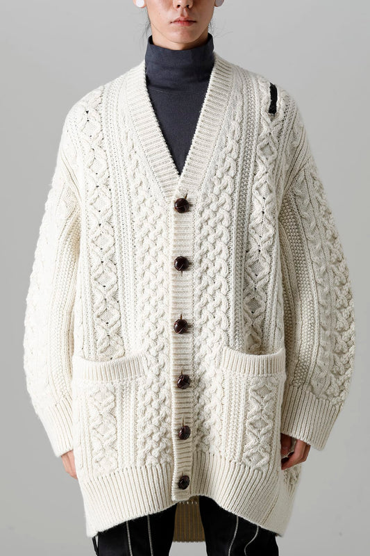 double zip balloon shaped aran pattern cardigan White