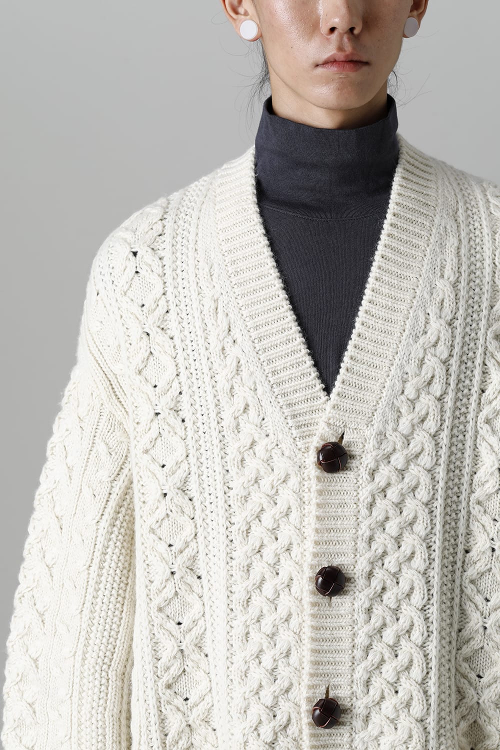 double zip balloon shaped aran pattern cardigan White