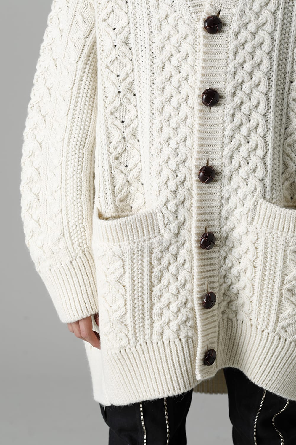 double zip balloon shaped aran pattern cardigan White