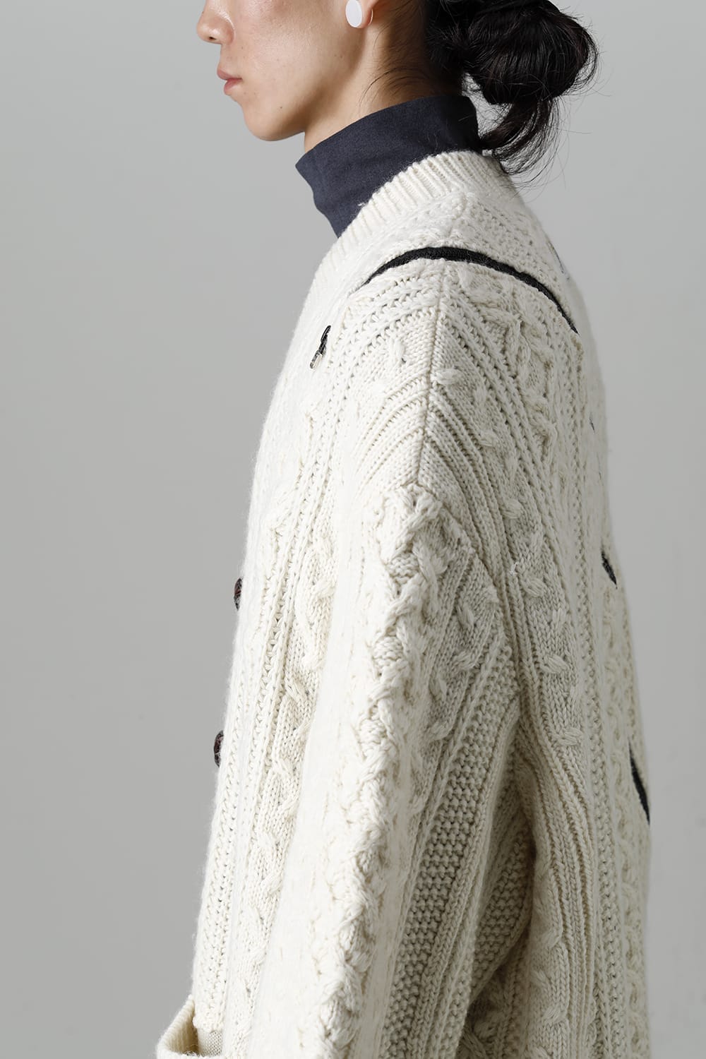 double zip balloon shaped aran pattern cardigan White