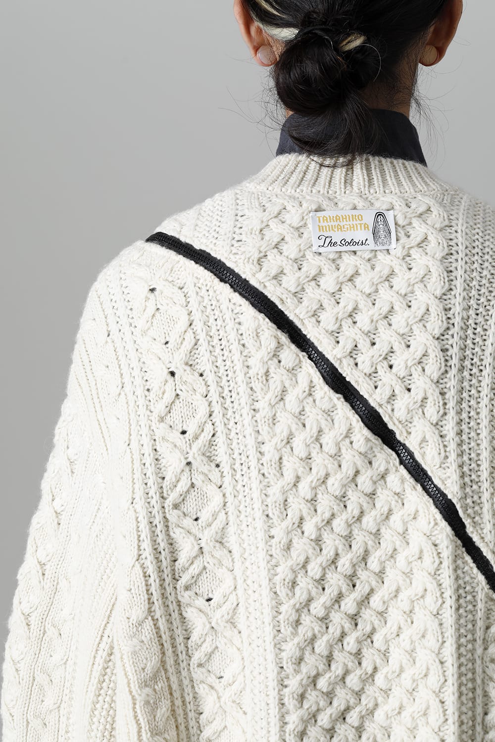 double zip balloon shaped aran pattern cardigan White