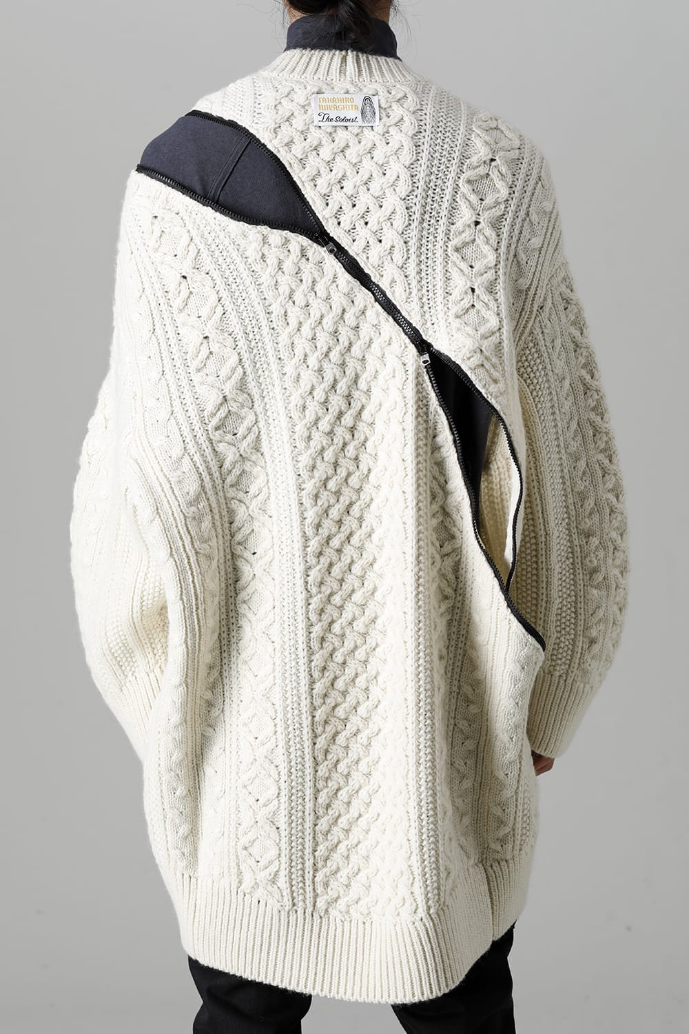 double zip balloon shaped aran pattern cardigan White