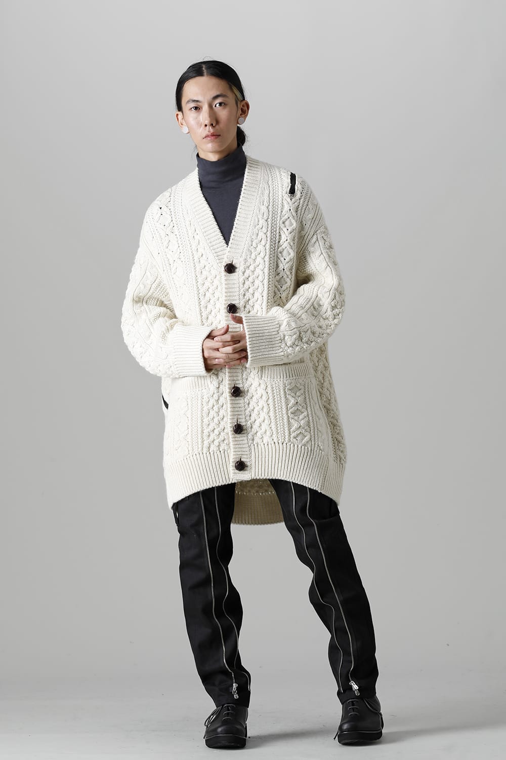 double zip balloon shaped aran pattern cardigan White