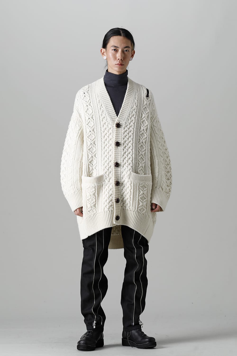 double zip balloon shaped aran pattern cardigan White