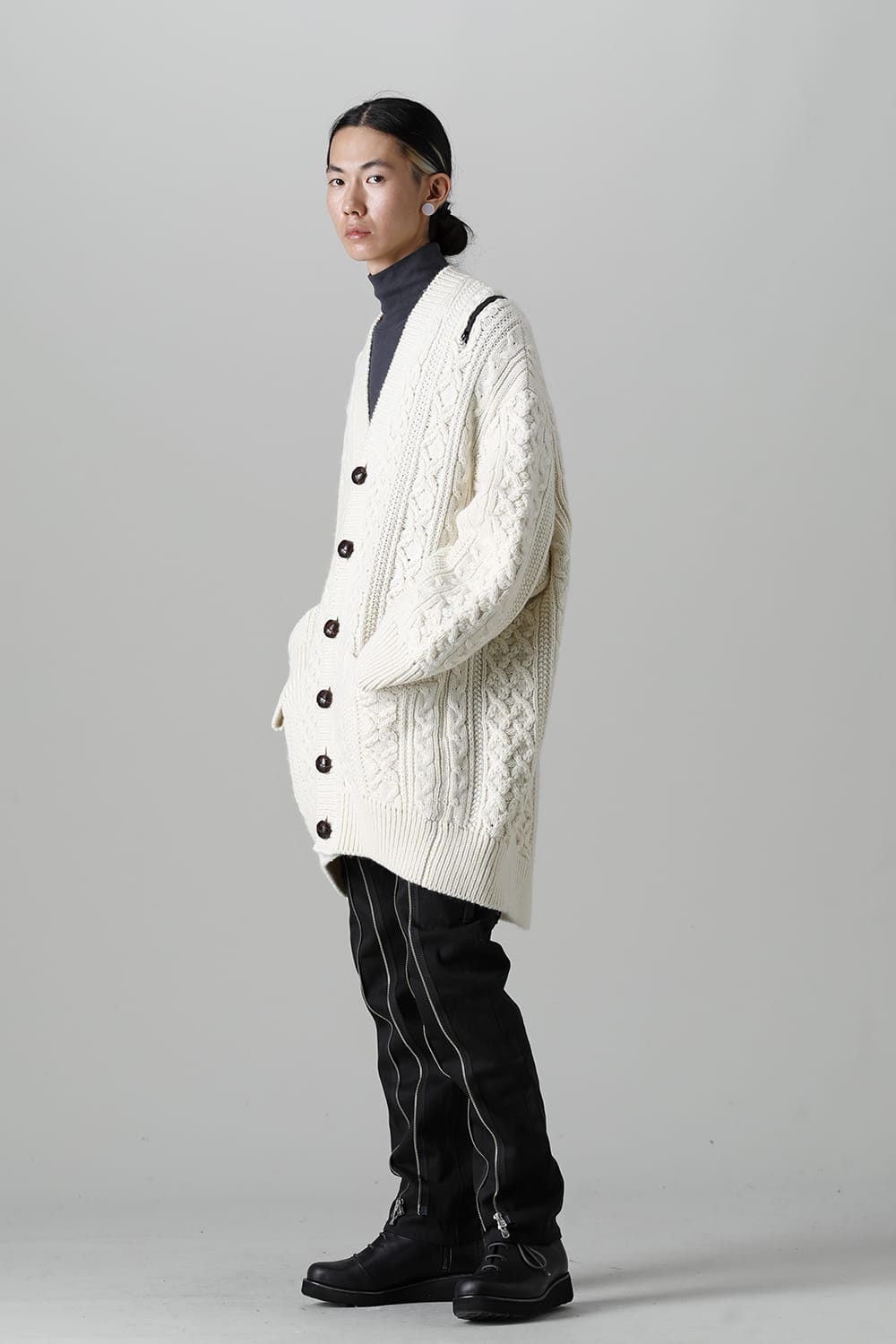double zip balloon shaped aran pattern cardigan White
