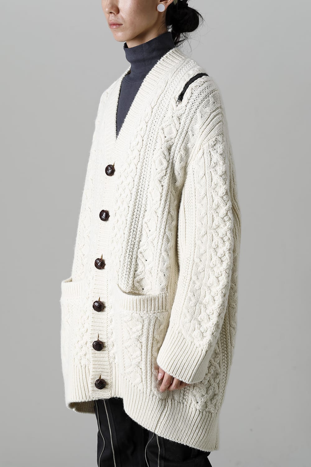 double zip balloon shaped aran pattern cardigan White