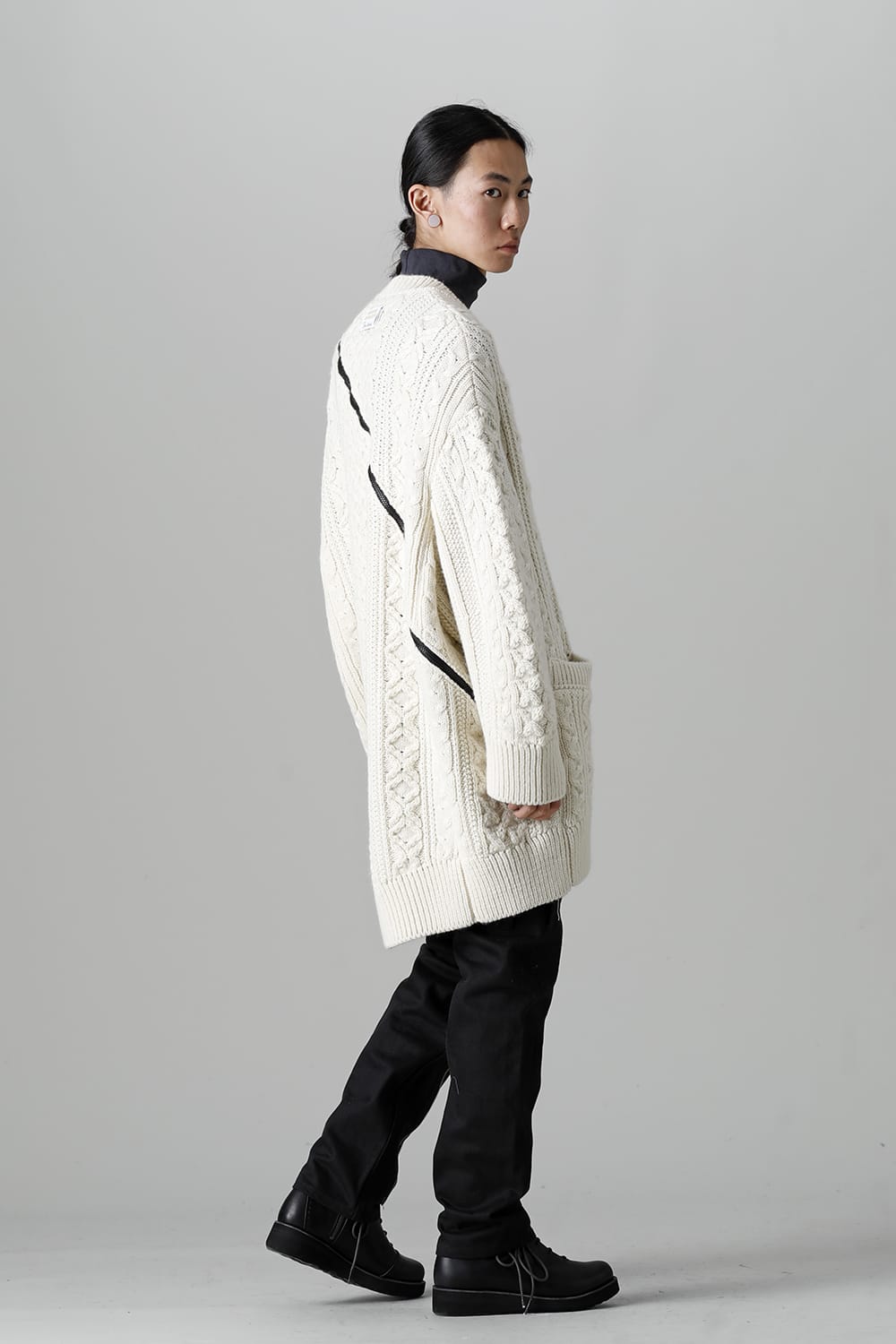 double zip balloon shaped aran pattern cardigan White