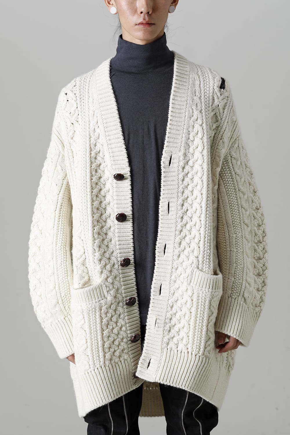 double zip balloon shaped aran pattern cardigan White