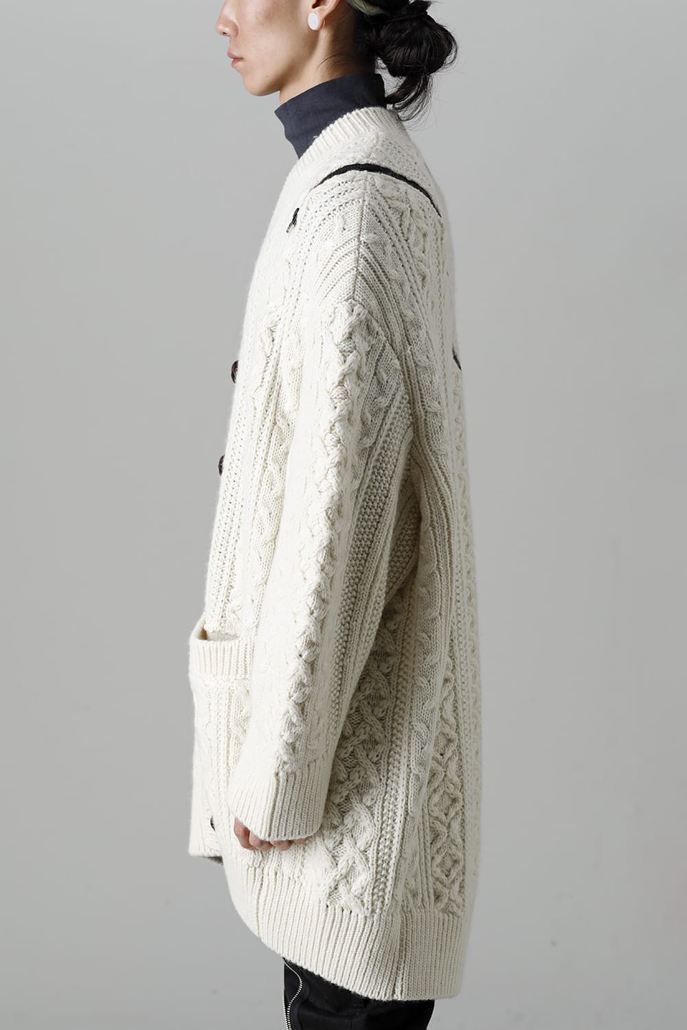double zip balloon shaped aran pattern cardigan White
