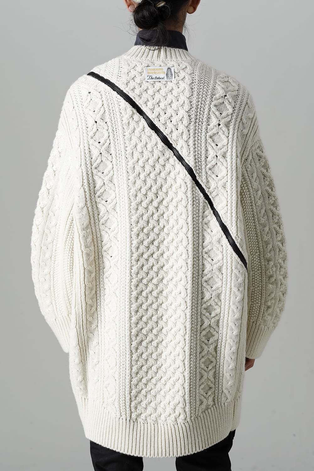 double zip balloon shaped aran pattern cardigan White