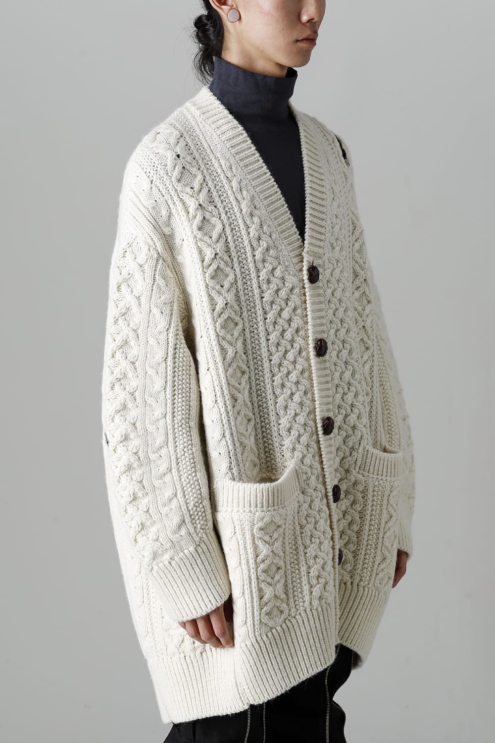 double zip balloon shaped aran pattern cardigan White
