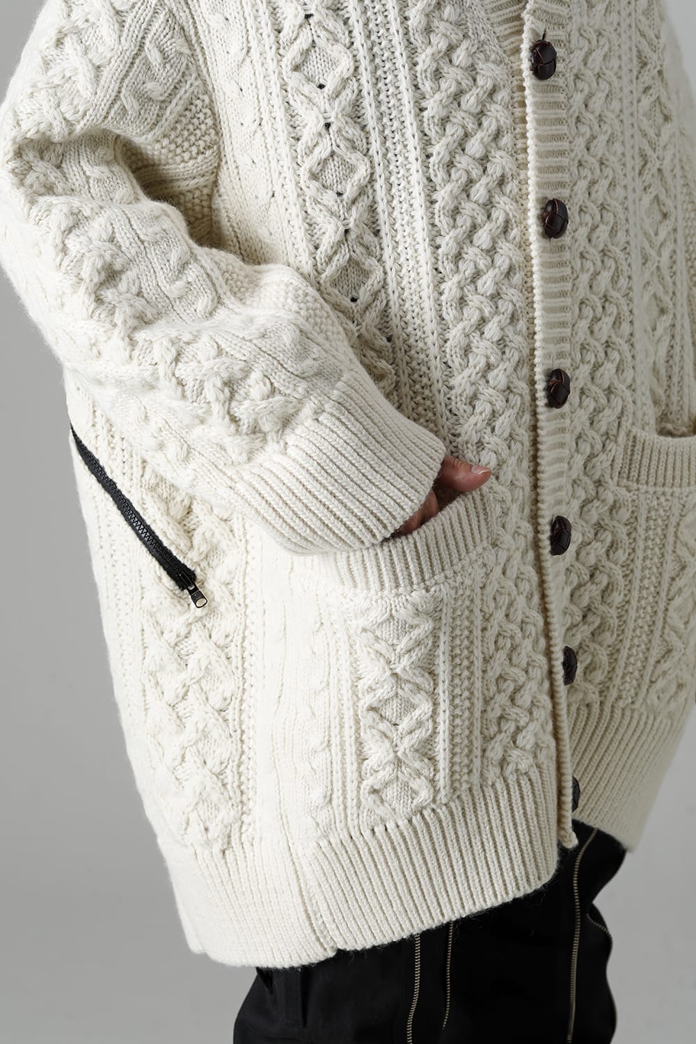 double zip balloon shaped aran pattern cardigan White