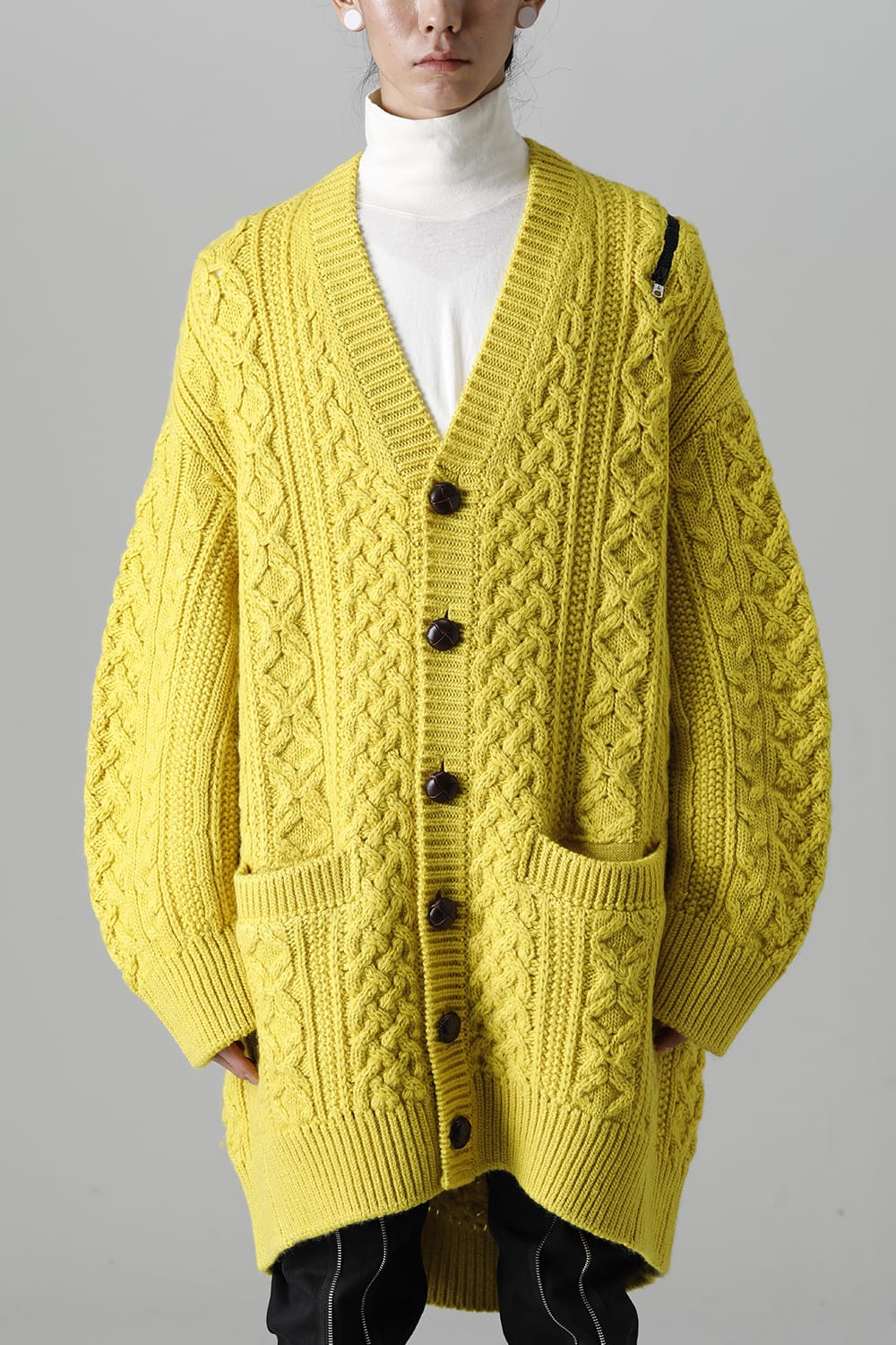 double zip balloon shaped aran pattern cardigan Yellow
