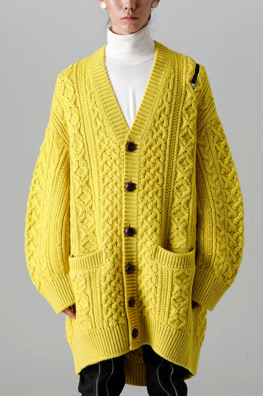 double zip balloon shaped aran pattern cardigan Yellow