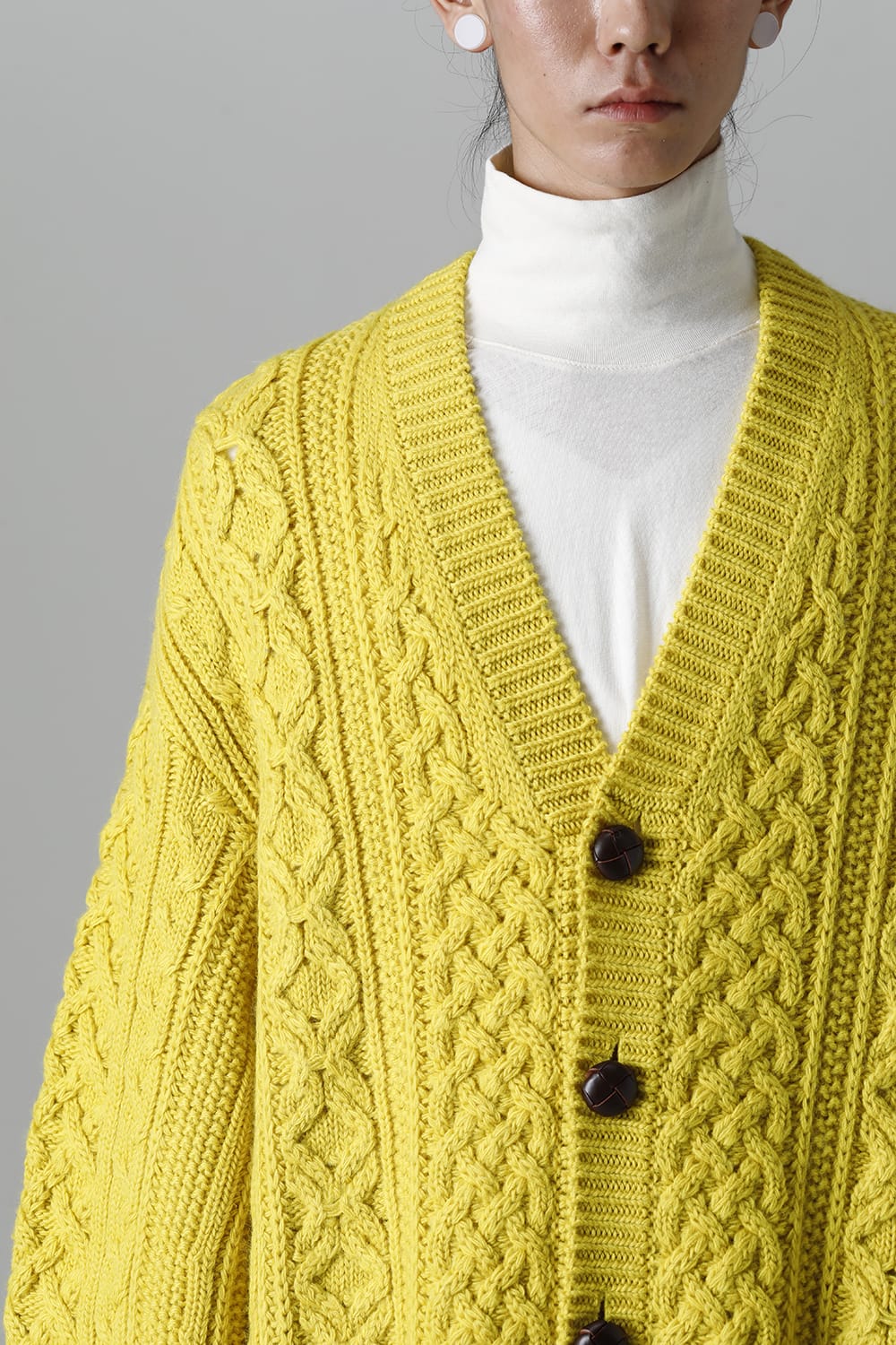 double zip balloon shaped aran pattern cardigan Yellow