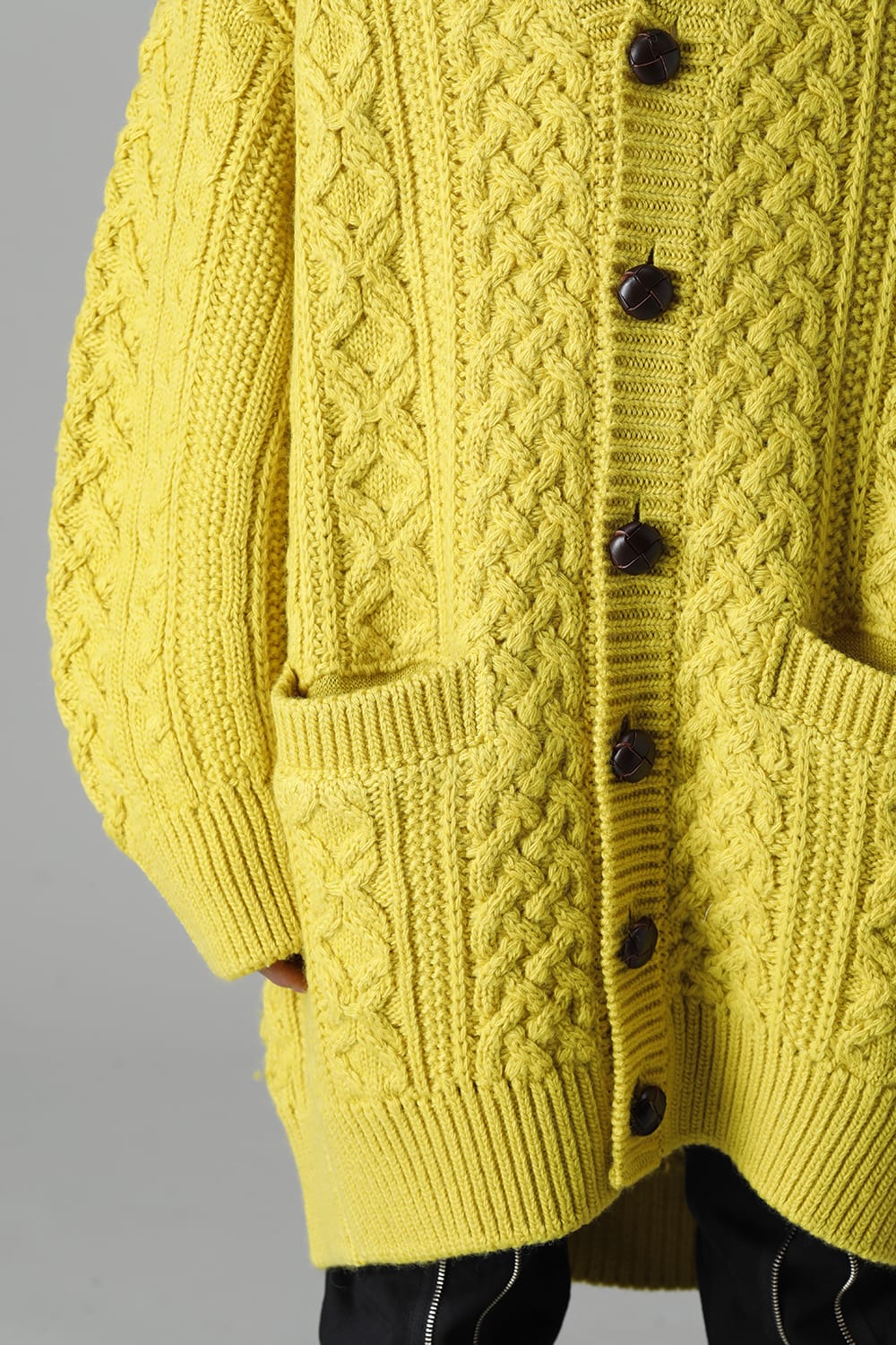 double zip balloon shaped aran pattern cardigan Yellow