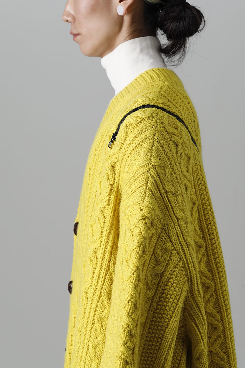 double zip balloon shaped aran pattern cardigan Yellow