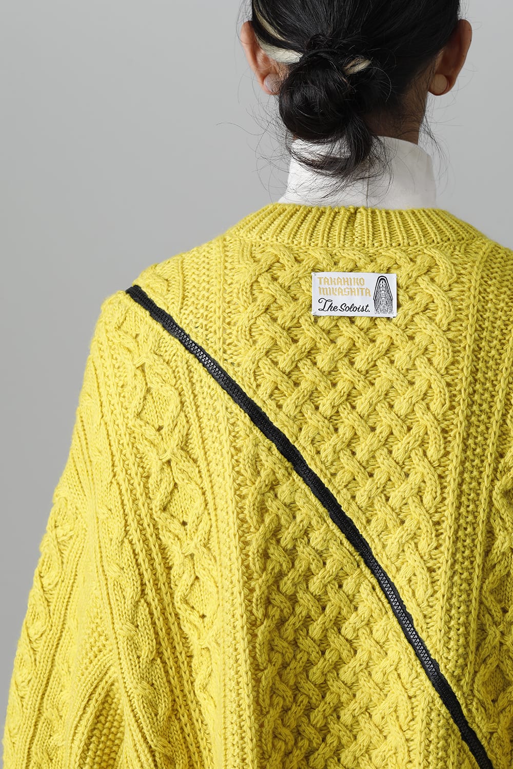 double zip balloon shaped aran pattern cardigan Yellow