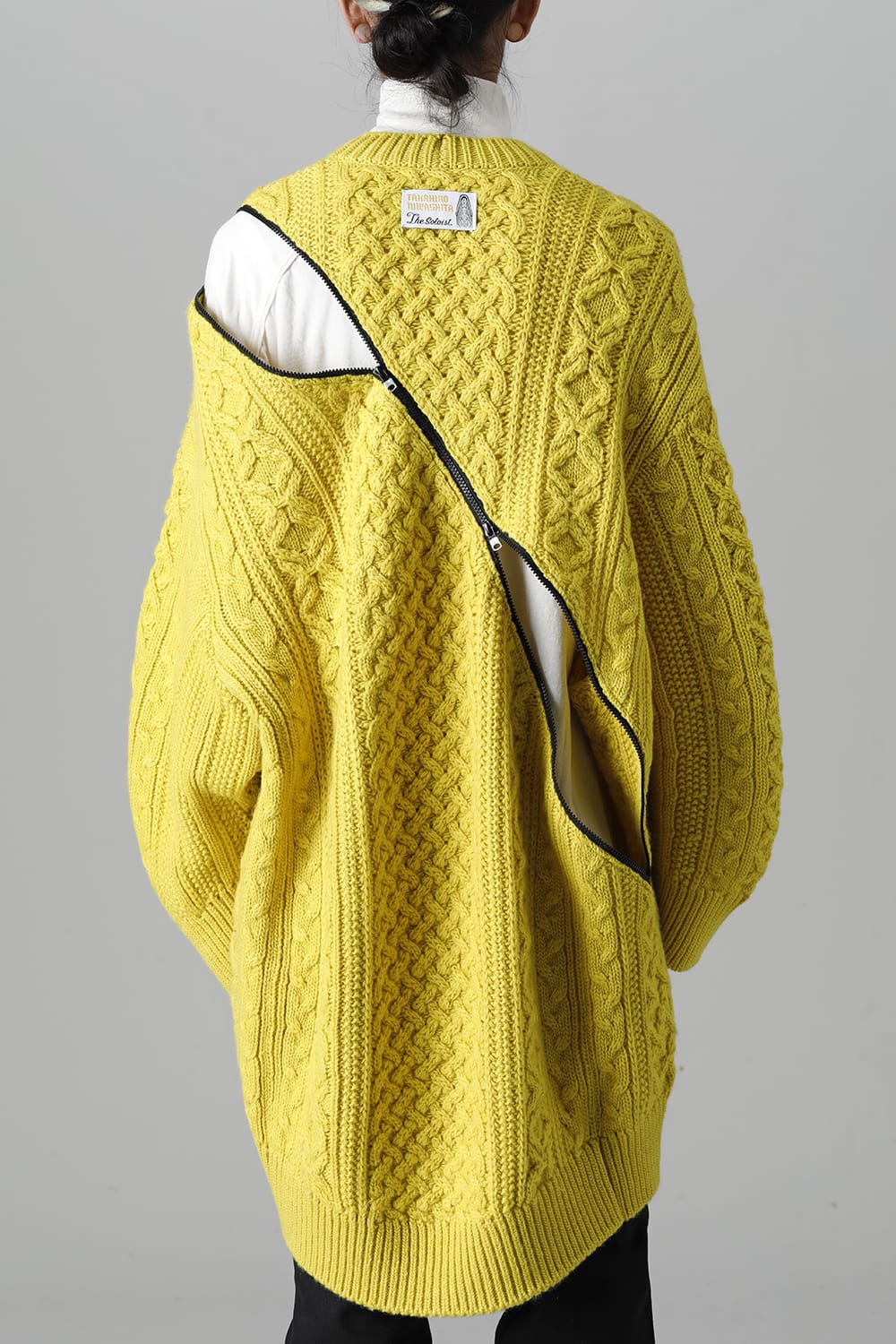 double zip balloon shaped aran pattern cardigan Yellow
