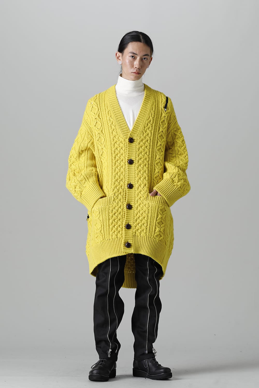 double zip balloon shaped aran pattern cardigan Yellow