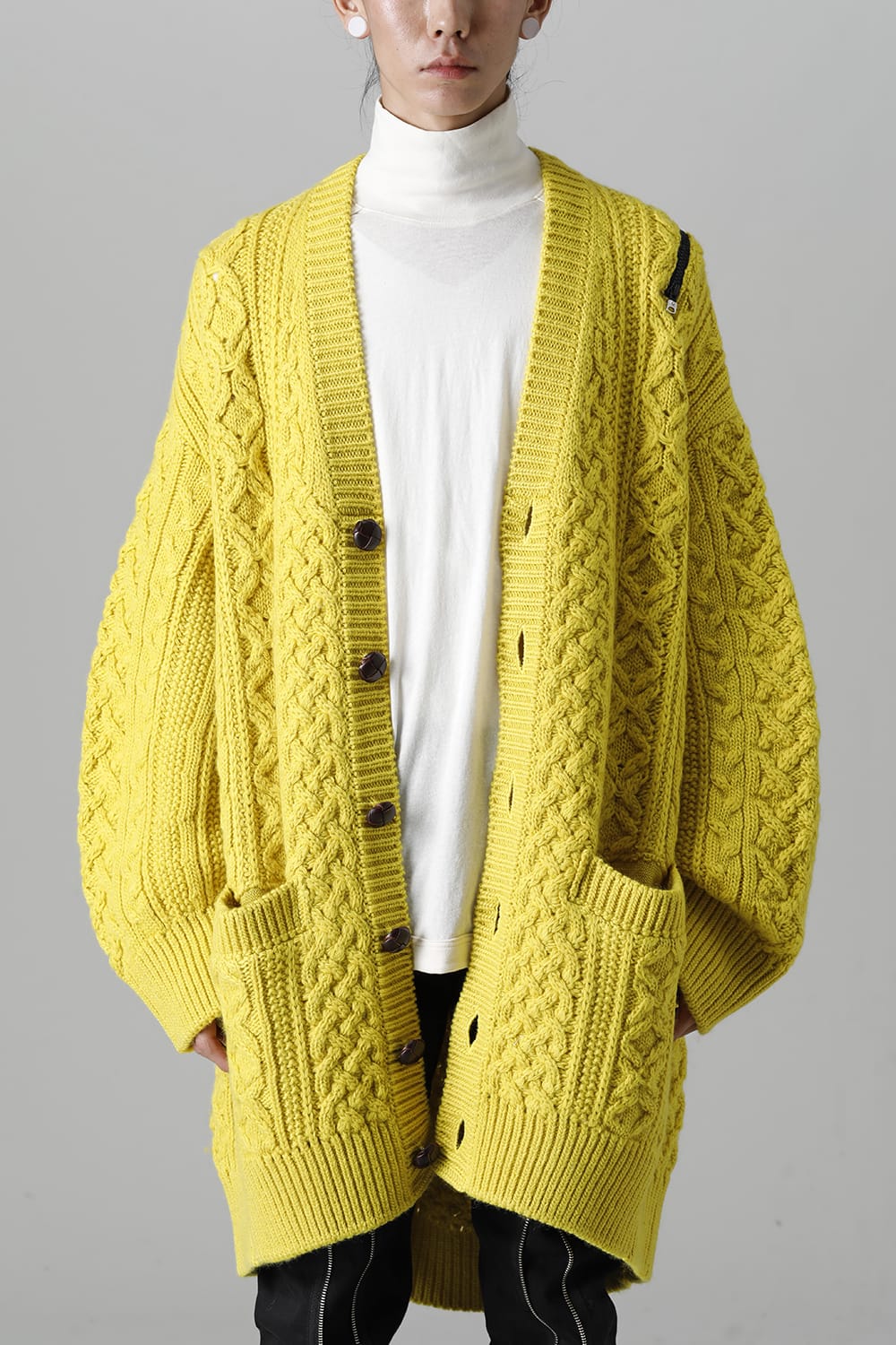 double zip balloon shaped aran pattern cardigan Yellow