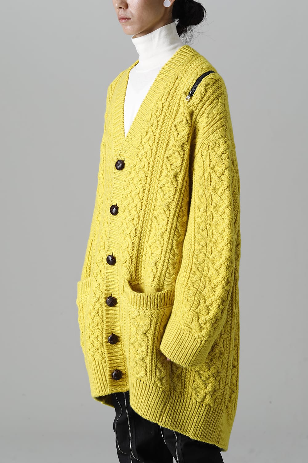 double zip balloon shaped aran pattern cardigan Yellow