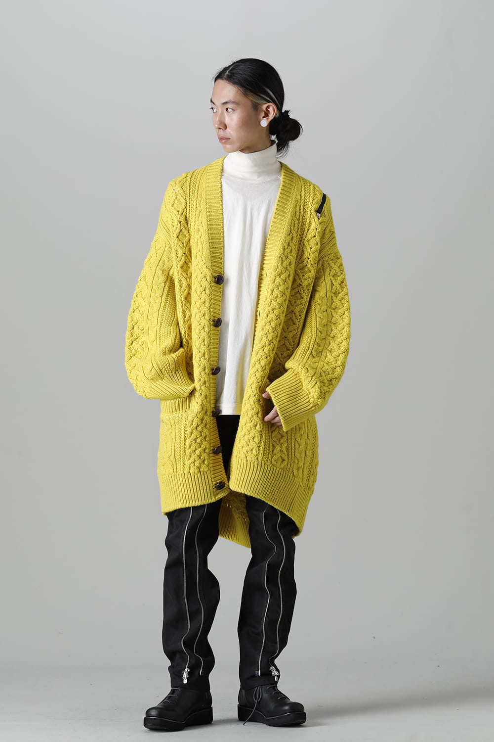 double zip balloon shaped aran pattern cardigan Yellow
