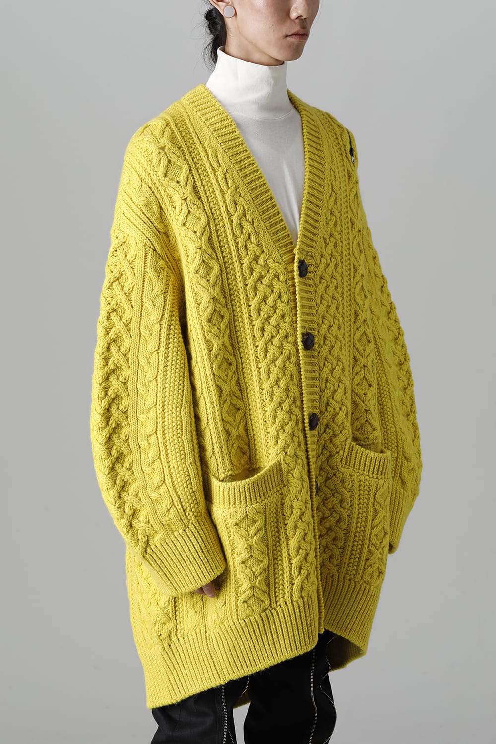 double zip balloon shaped aran pattern cardigan Yellow