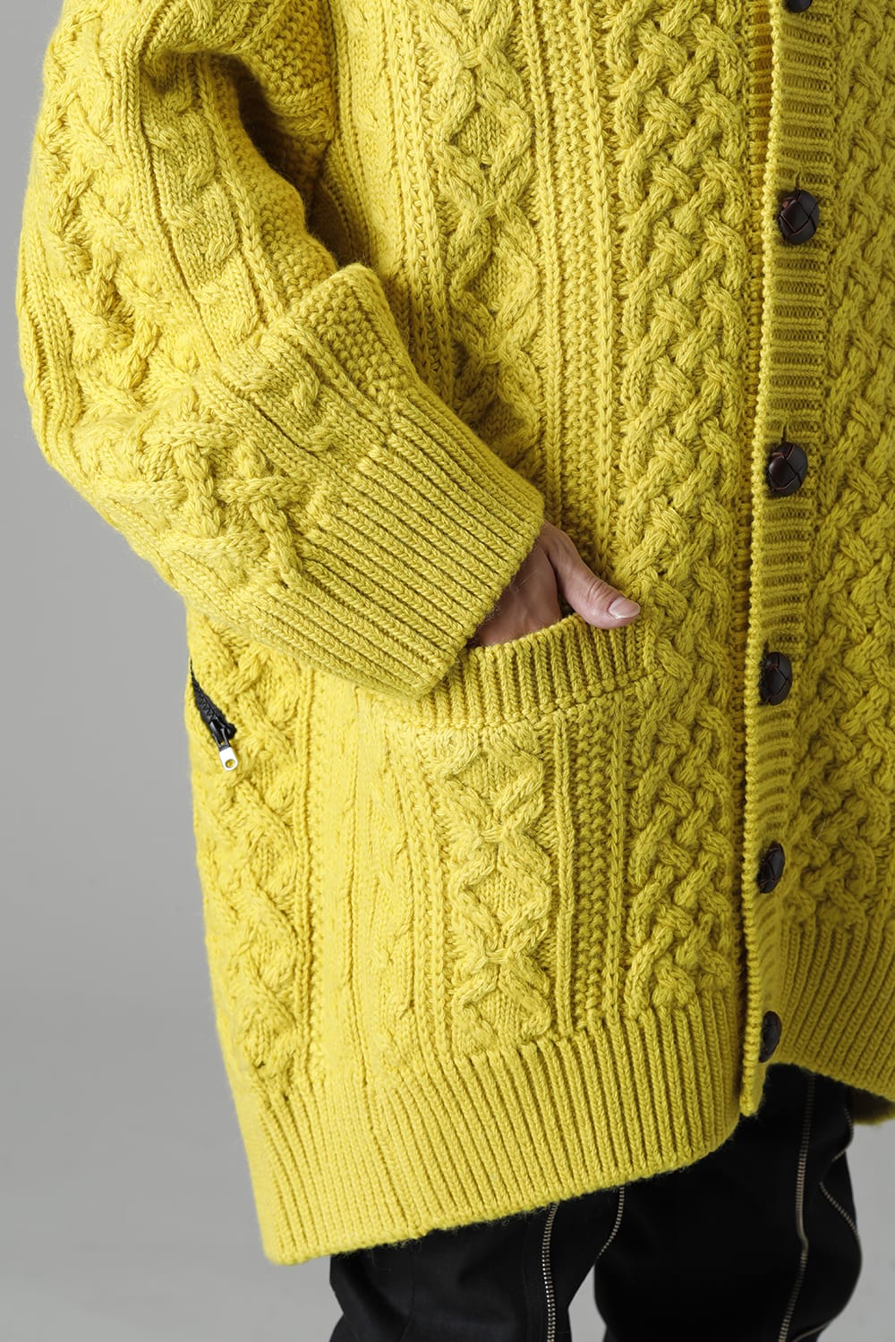 double zip balloon shaped aran pattern cardigan Yellow