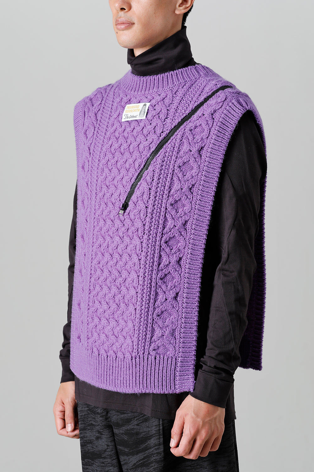 reverse double zip aran pattern vest Purple