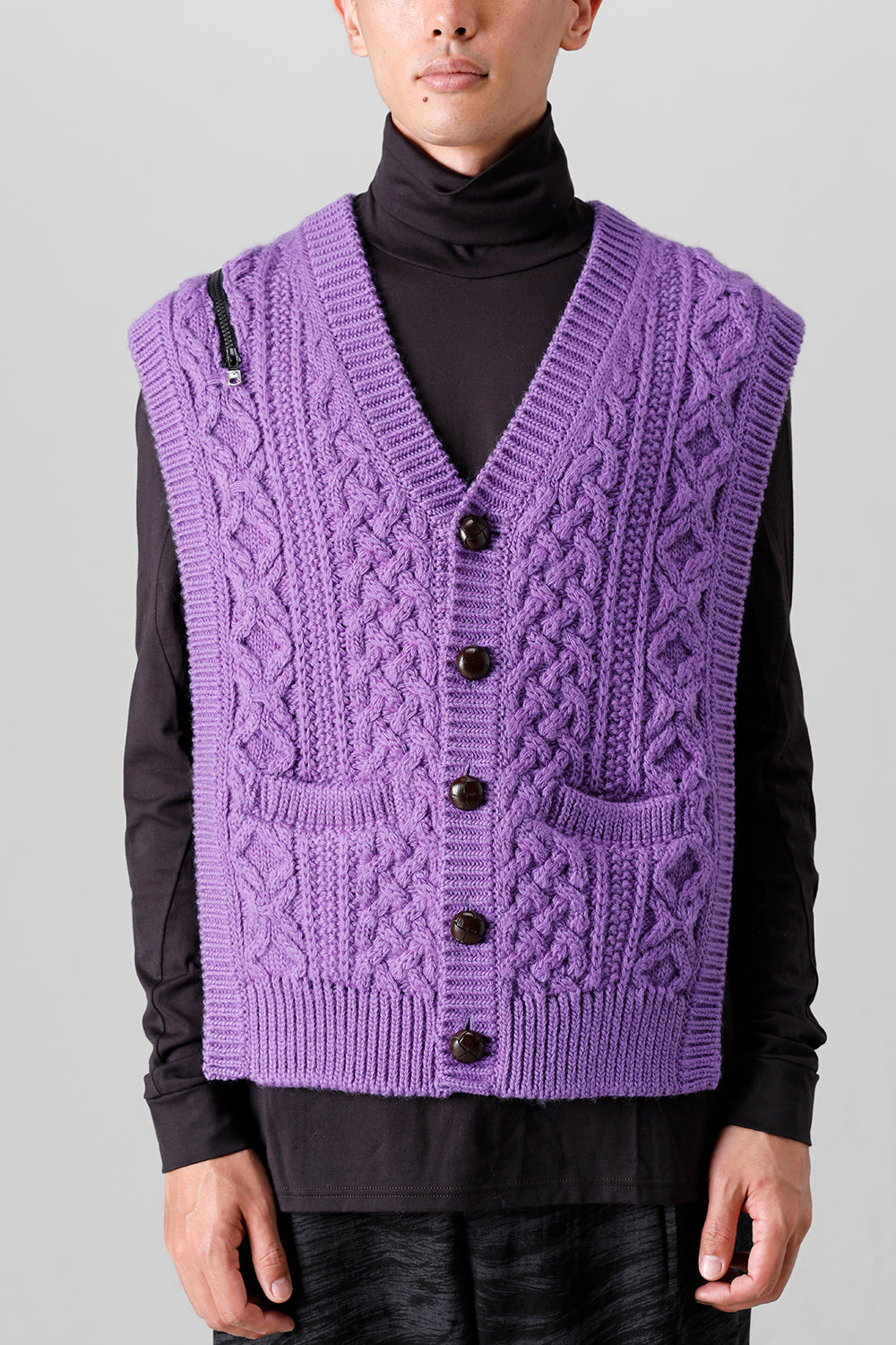 reverse double zip aran pattern vest Purple