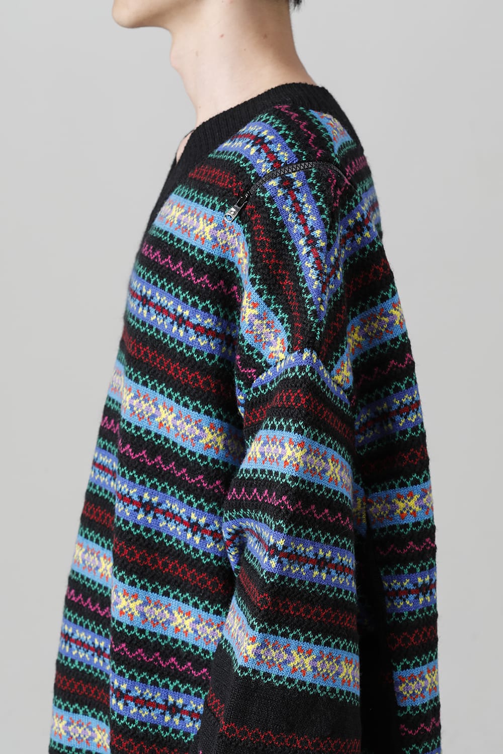 Double zip balloon shaped fair isle pattern sweater