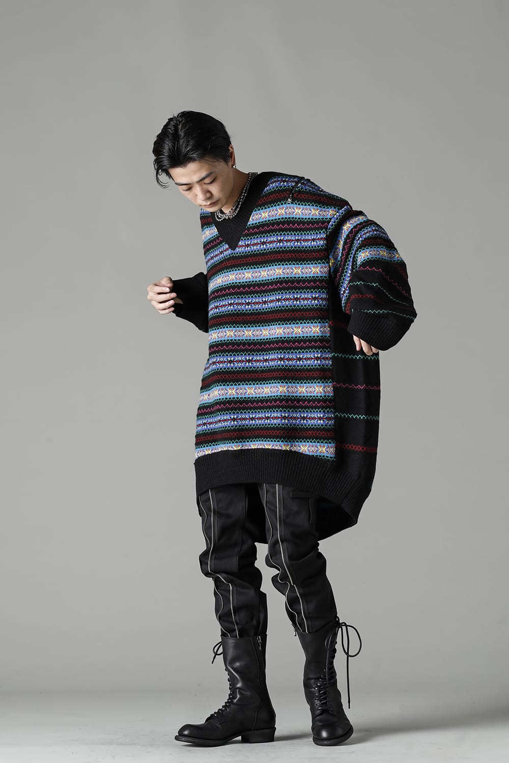 Double zip balloon shaped fair isle pattern sweater