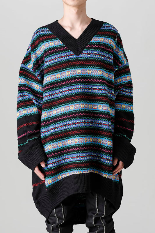 Double zip balloon shaped fair isle pattern sweater