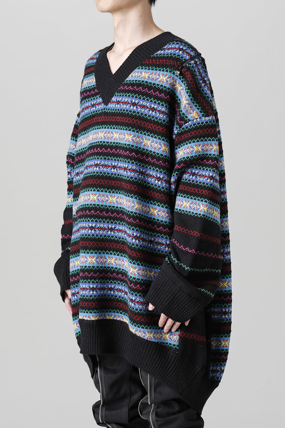 Double zip balloon shaped fair isle pattern sweater